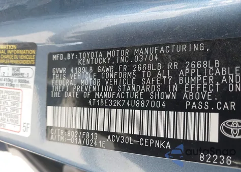 2004 Toyota Camry Le из США, поврежденный, VIN 4T1BE32K74U887004